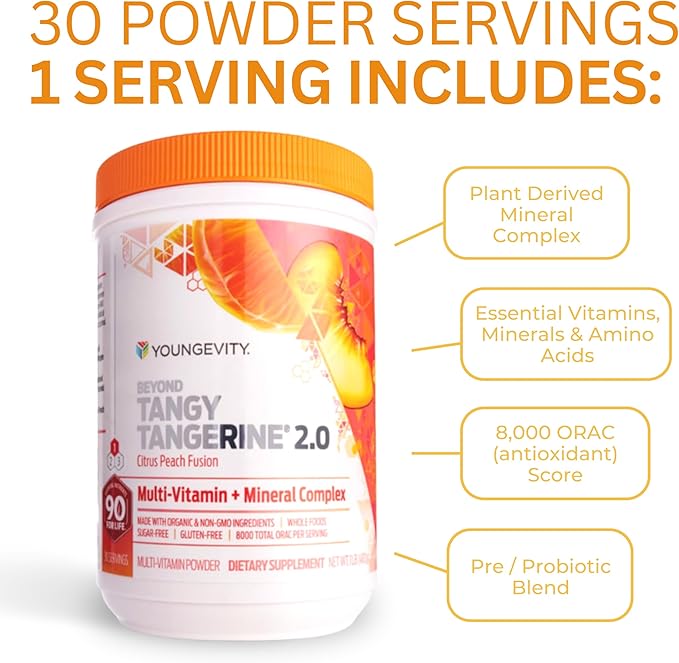 Youngevity Beyond Tangy Tangerine 2.0 Citrus Peach Fusion Multi-Vitamin & Mineral Complex - Made with Natural & Whole Foods | 8,000 ORAC