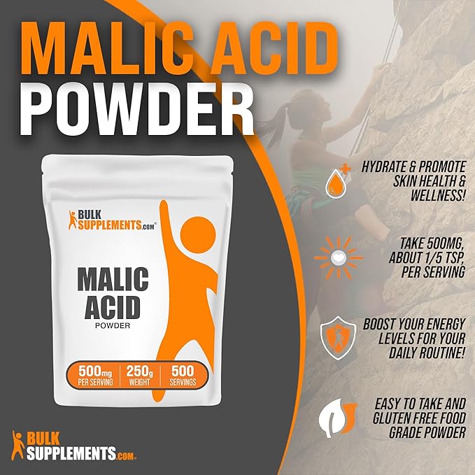 BulkSupplements.com Malic Acid Powder - Malic Acid Supplement, Malic Acid Powder Food Grade - for Energy & Skin Support, Gluten Free - 500mg per Serving, 250g (8.8 oz)