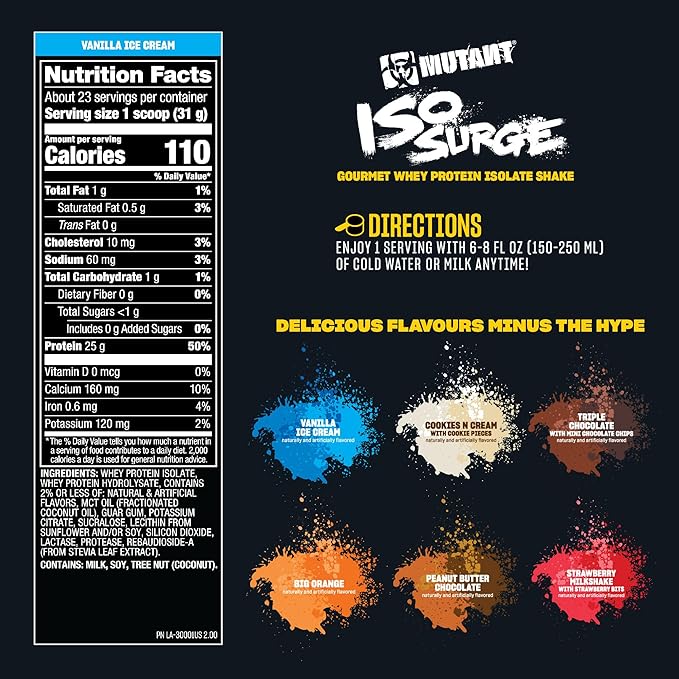 Mutant ISO Surge Whey Protein Isolate Powder Acts Fast to Help Recover, Build Muscle, Bulk and Strength, 1.6 lb (Vanilla Ice Cream)