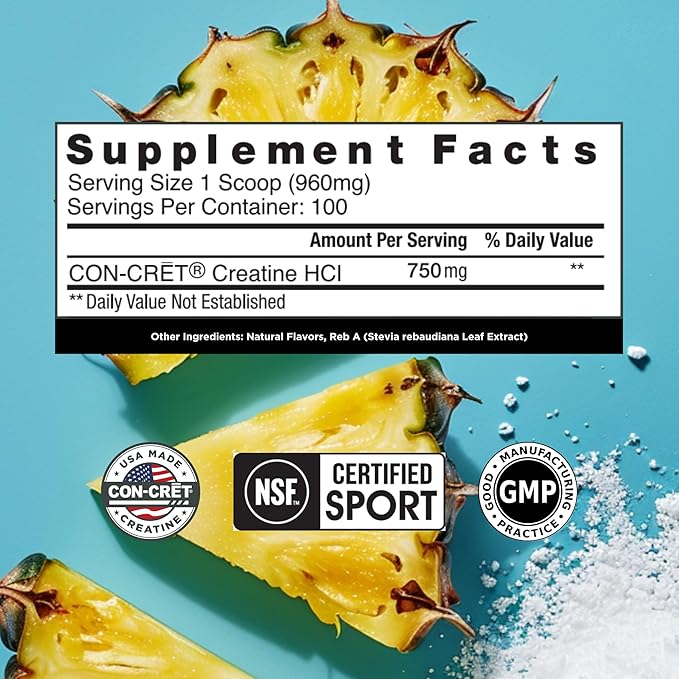 Creatine HCl Powder | Muscle, Cognitive, Cellular Energy Support | No Bloating or Cramps | USA Made & NSF Certified | Pineapple (100 Serving)