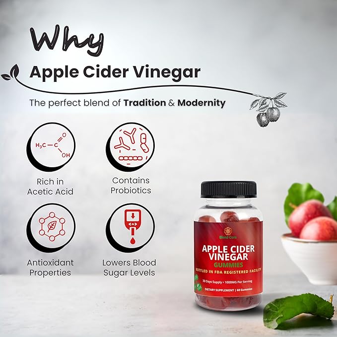 Apple Cider Vinegar Gummies with Vitamin B12 – Vegan, Gluten-Free, Non-GMO – Apple & Purple Carrot Flavored – 1000mg ACV – 60 Gummies, 30-Day Supply