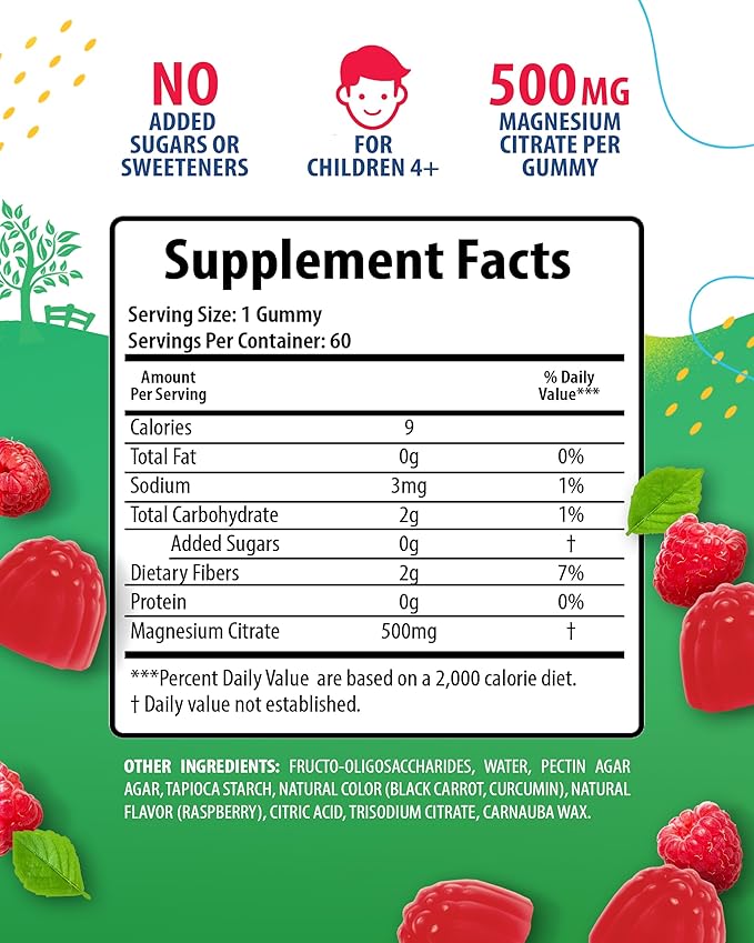 Sugar-Free Magnesium Gummies for Kids & Teens - 500mg Calm Magnesium Citrate Gummies - Chewable Magnesium Gummy Supplement for Sleep, Mood & Muscle Suppor