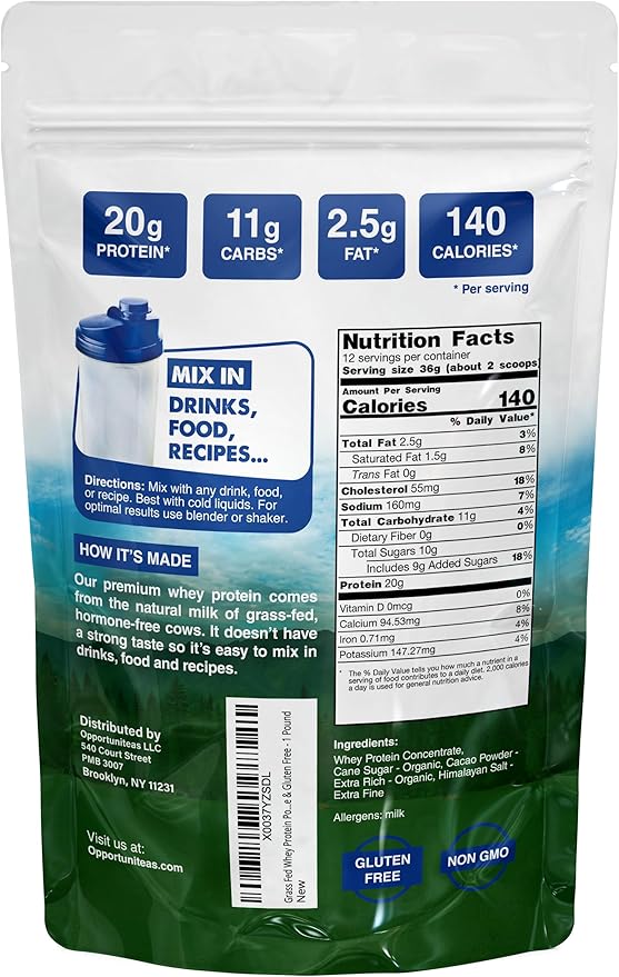 Opportuniteas Grass Fed Whey Protein Powder Concentrate - Chocolate - Pure Protein Supplement - Non GMO, Hormone Free & Gluten Free - 1lb