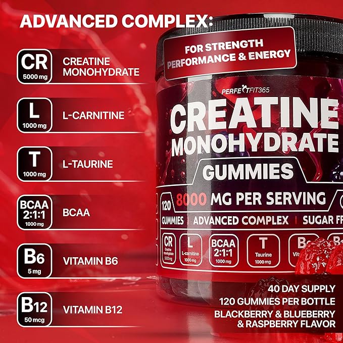 Creatine Monohydrate Gummies Complex 8000mg, Chewable Creatine for Women and Men with L-Carnitine, Taurine, Creatine Monohydrate Chewable, Muscle Strength, Raspberry and Blackberry Taste, 120pcs