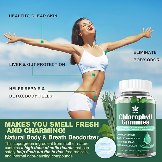 Sugar Free Chlorophyll Gummies - with Unfiltered ACV, Sea Moss & Elderberry, Echinacea, Vitamin D3, C, E, B12 - Natural Deodorant, Breathe Fresh, Immune & Digestion Support, Vegan Delicious Chews 60Ct
