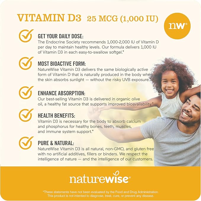 NatureWise Vitamin D3 1000iu (25 mcg) Healthy Muscle Function, and Immune Support, Non-GMO, Gluten Free in Cold-Pressed Olive Oil, Packaging Vary ( Mini Softgel), 360 Count