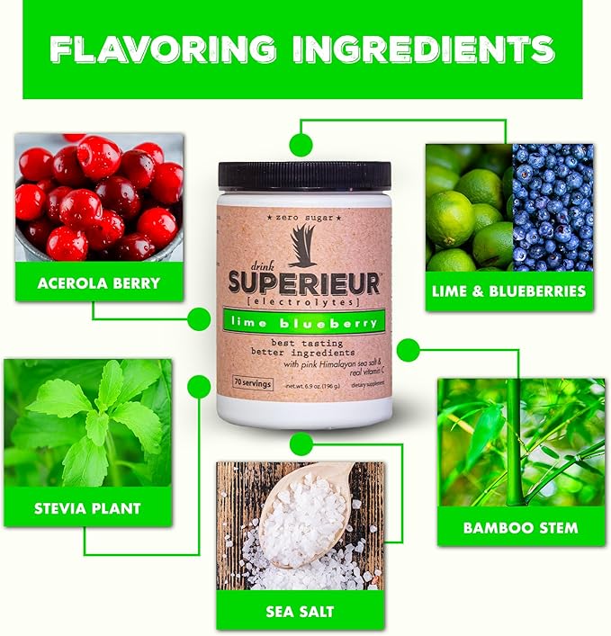 Superieur Electrolytes–Plant Based Electrolyte Supplement w/Sea Minerals for Hydration & Recovery–Keto Friendly, Non-GMO, Zero Sugar, Vegan, Healthy Sports Drink Powder–Lime Blueberry (70 Servings)