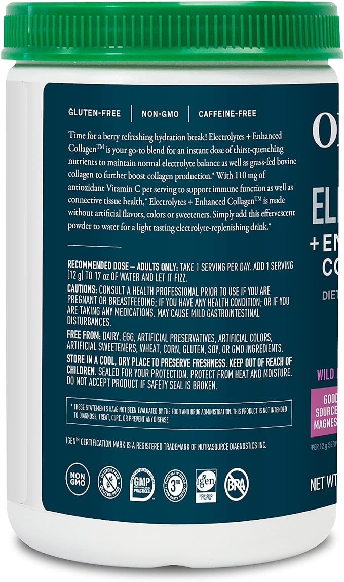 Organika Electrolytes + Enhanced Collagen- Wildberry Flavor- Sugar-Free Hydration + Protein 360 Gram - 30 Servings