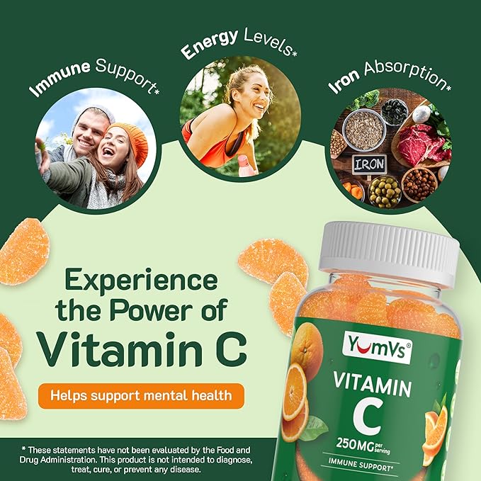 YumVs Vitamin C Gummies for Adults - 250 mg Orange Flavored Vitamin C Gummy - Vitamin C Chewable Immune Gummies for Adults - Immune Support Supplement - Kosher, Halal, Gluten Free (120 Count)