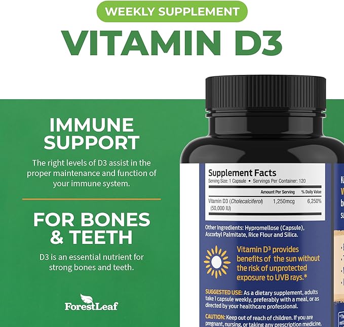 ForestLeaf Vitamin D3 50000 IU - Bone Health and Immune Support - Small Easy to Swallow Capsules - Non-GMO Gluten Free VIT D - VIT D3 Vitamin D Supplements for Women and Men, 120 Count