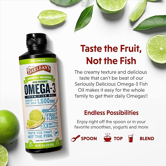 Barlean's Key Lime Pie High Potency Omega 3 Fish Oil Liquid Supplement, 1500mg of EPA& DHA Fatty Acid, Smoothie Flavored & Burpless for Brain, Joint, & Heart Health, 8 oz