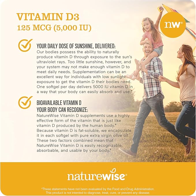 NatureWise Vitamin D3 5000iu (125 mcg) Healthy Muscle Function, and Immune Support, Non-GMO, Gluten Free in Cold-Pressed Olive Oil, Packaging Vary (Mini Softgel), 30 Count