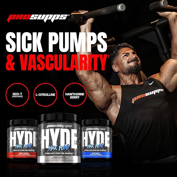 PROSUPPS Hyde Max Pump Pre Workout for Men and Women - Nitric Oxide Supplement for Pump and Endurance - Stimulant Free Pre Workout to Promote Blood Flow and Muscle Strength (Fruit Punch, 20 Servings)