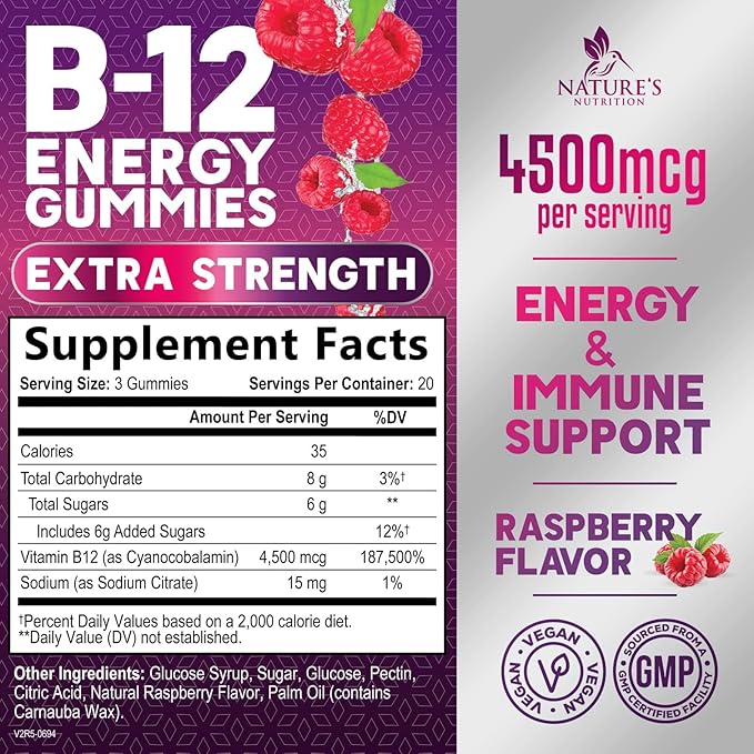 Vitamin B12 Energy Gummies - Extra Strength 4500mcg Chewable for Energy & Nervous System Health Support, B-12 Complex Gummy Vitamin for Women, Men, Kids - Non-GMO, Vegan, Berry Flavor - 60 Gummies