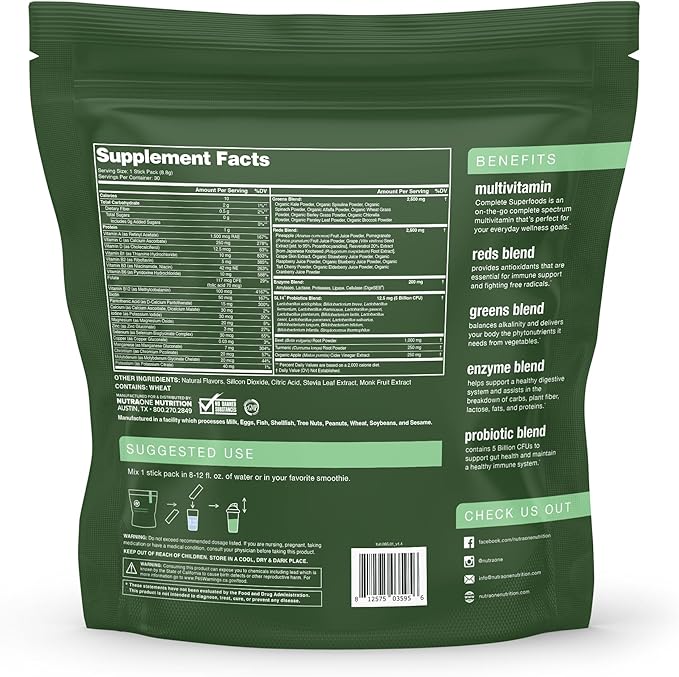 Complete Superfoods, Complete Spectrum Multivitamin, Greens and Reds Blend, Enzymes, Probiotics (Raspberry Pomegranate, 30 Stick Packs)