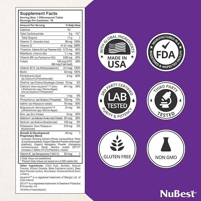 NuBest Tall Fizzy - Bone Strength, Immunity, Digestive Health for Kids & Teens | Probiotic, Calcium, Magnesium from Red Marine Algae, Vitamin D3, K2 & Zinc | 10 Orange Effervescent Tablets - Ages 4+