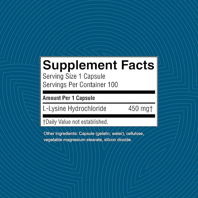 Nature's Sunshine L-Lysine, 100 Capsules | Essential Amino Acids Capsules with 474 mg of L-Lysine Hydrochloride to Help Your Body Control the Acid and Alkaline Balance
