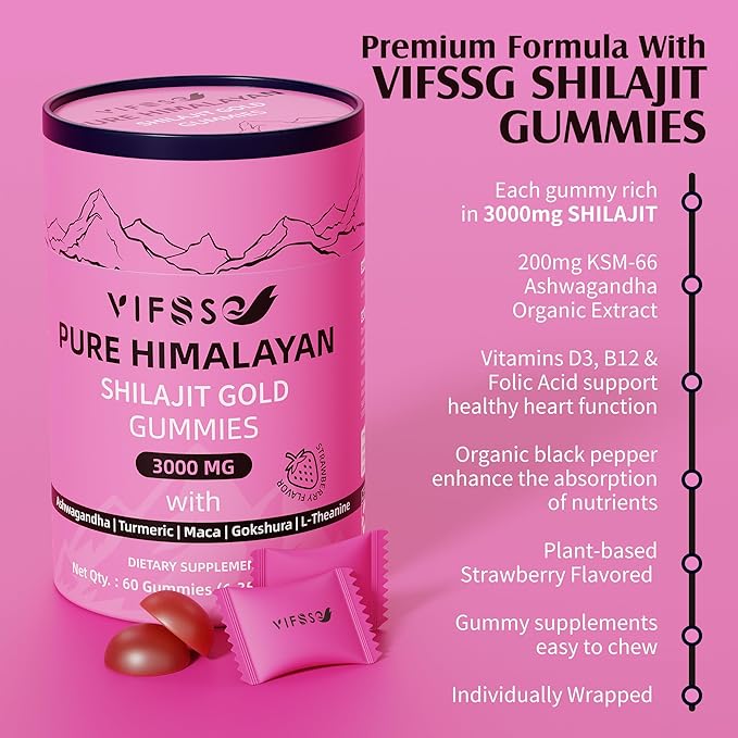 Shilajit Gummies, 3000 Mg Shilajit Pure Himalayan Organic with Ashwagandha, Turmeric Sugar-Free Gummies for Men and Women, Shilajit Supplement, Non-GMO Nature Shilajit for Energy, 60 Gummies