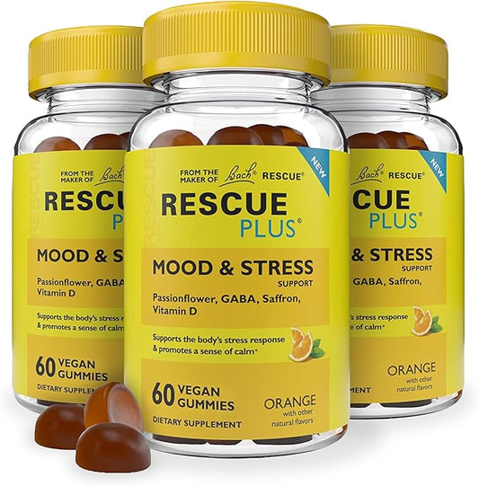 RESCUE Bach Plus Mood & Stress Support Gummies, Daytime Dietary Supplement with Passionflower, GABA, Saffron & Vitamin D, Natural Orange Flavor, Vegan & Gluten-Free, 3 Pack, 180 Count Total