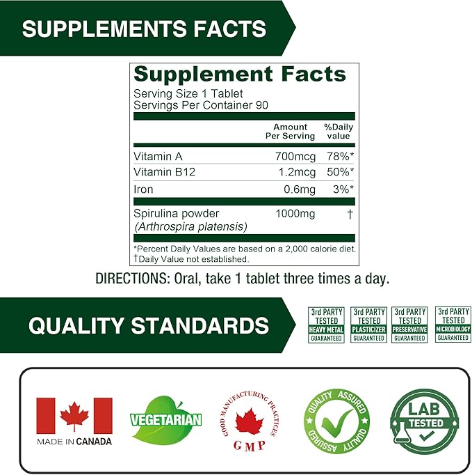 Lovita Organic Spirulina 1000mg per Tablet, Natural Multivitamin Superfood, 100% Vegan, Non-Irradiated, 90 Vegetarian Tablets