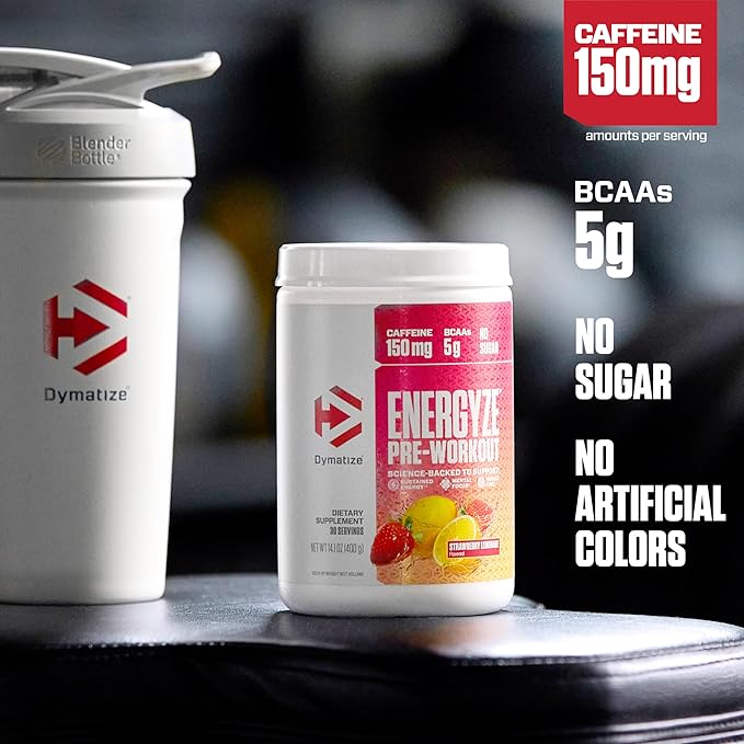 Dymatize Energyze Pre Workout Powder for Men and Women, Strawberry Lemonade Flavor, 150mg Caffeine, 5g BCAAs, Performance Blend of L-Theanine, L-Tyrosine, L-Citrulline, No Sugar, 30 Servings