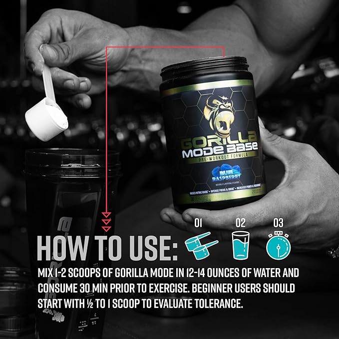 Gorilla Mode Base Pre Workout - Raises Nitric Oxide · Intense Focus & Drive · Endurance · Power - L-Citrulline, L-Tyrosine, Betaine, Alpha-GPC, Caffeine, Huperzine A - 360 Grams (Cherry Blackout)
