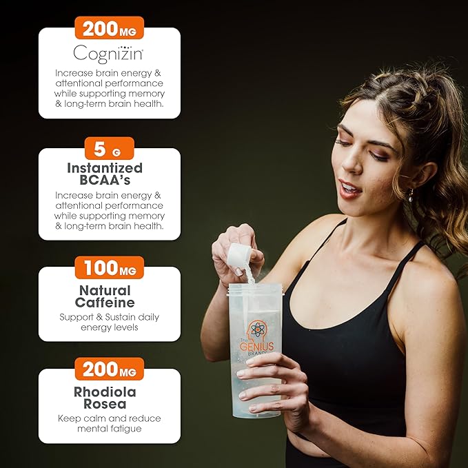 Genius BCAA Energy Powder, Orange - Nootropic Amino Acids & Muscle Recovery - Natural Vegan BCAAs Workout Supplement for Women & Men (Pre, Intra & Post Workout) - No Artificial Sweeteners