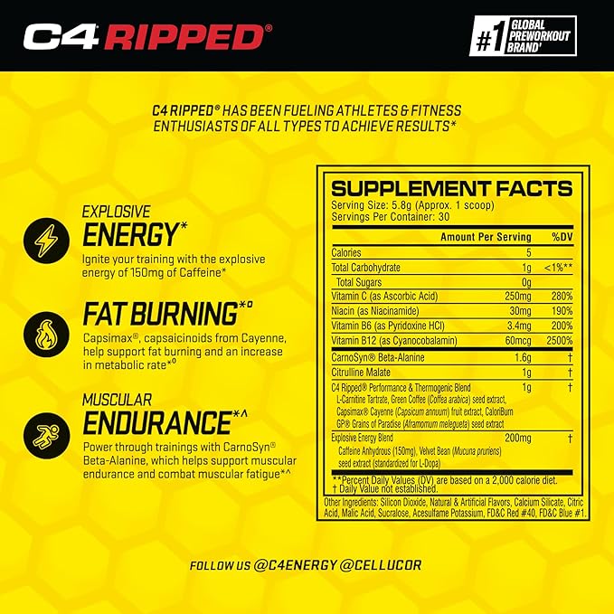 Cellucor C4 Ripped Pre Workout Powder for Energy | Beta Alanine, Sugar Free Energy Supplement Preworkout for Men & Women - 150mg Caffeine + Creatine-Free, Raspberry Lemonade 30 Servings