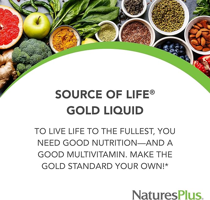 Natures Plus Source of Life Gold Multivitamin Liquid - 8 oz - with Vitamins D3, B12 & K2 - Blood, Bone & Immune Support - Vegetarian & Gluten Free - 8 Servings