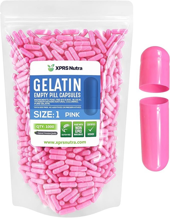 XPRS Nutra Size 1 Empty Capsules - 1000 Count Empty Gelatin Capsules - Empty Pill Capsules - DIY Capsule Filling - Pure Bovine Pill Capsules Empty Gel Caps (Pink)