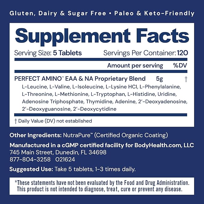 BodyHealth PerfectAmino (600 ct) Easy to Swallow Tablets, Essential Amino Acids Supplement with BCAAs, Vegan Protein for Pre/Post Workout & Muscle Recovery with Lysine, Tryptophan, Leucine, Methionine