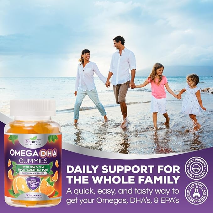 Omega 3 Fish Oil Gummies - Triple Strength Omega 3 Gummy Vitamins, High Absorption EPA & DHA Fatty Acids, for Heart Health & Brain Support, Nature's Fish Oil Supplement, Orange Flavor - 60 Gummies