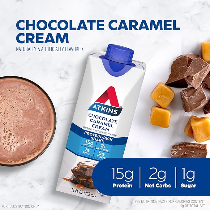 Atkins Protein Rich Shake, Chocolate Caramel Cream, 15g Protein, Low Glycemic, 2g Net Carbs, 1g Sugar, Low Carb Lifestyle, Gluten Free, 12 count