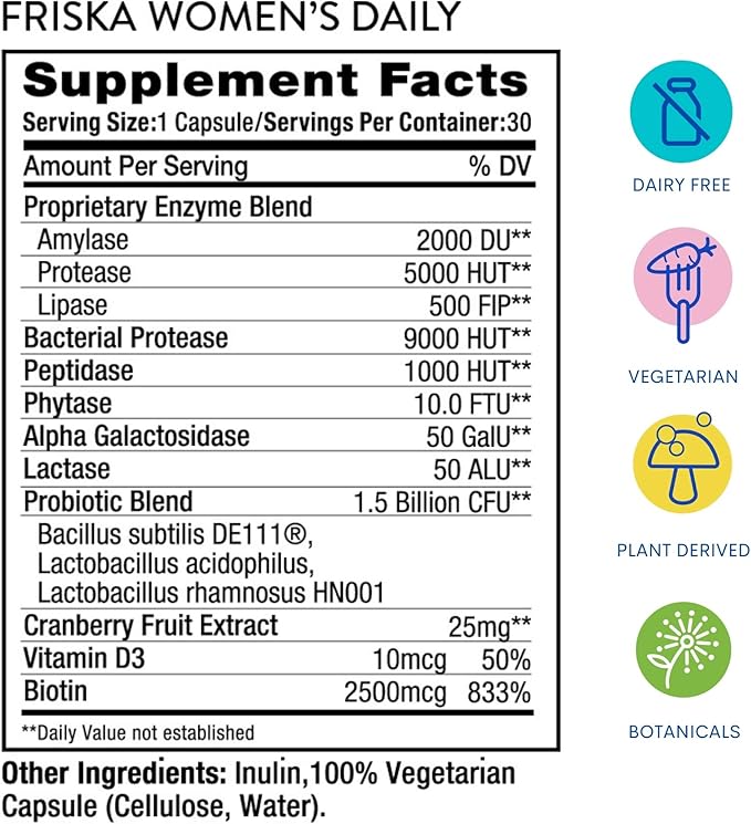 FRISKA Women’s Daily Digestive Enzyme and Probiotics Supplement, Advanced Natural Support for Female Digestive Health, Fights Bloating, Eases Digestion, Supports Nutrient Absorption, 90 Capsules