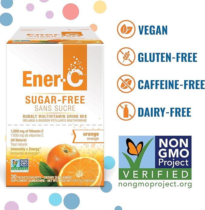 Ener-C Sugar Free Energy Orange Multivitamin Drink Mix Vitamin C 1000mg & Electrolytes - Natural Immunity Support with Real Fruit Juice Powders Non-GMO Vegan & Gluten Free - 30 Count