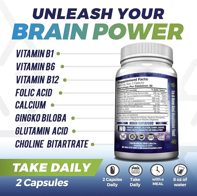 Brain Supplement to Enhance Memory, Energy, Focus, and Clarity with B1, B6, B12 Vitamin, Folic Acid, Calcium and Ginkgo Biloba for Men and Women (12 Bottles)