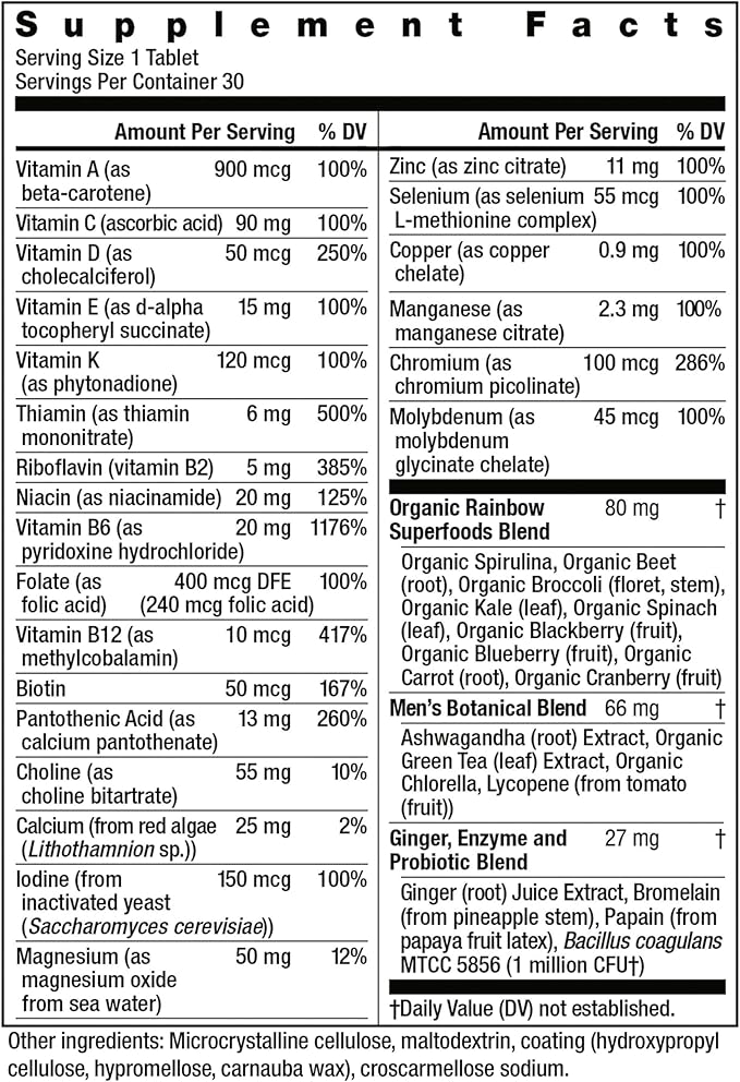 Rainbow Light Multivitamin for Men, Vitamin C, D & Zinc, Probiotics, Men's One Multivitamin Provides High Potency Immune Support, Non-GMO, Vegetarian, 30 Tablets