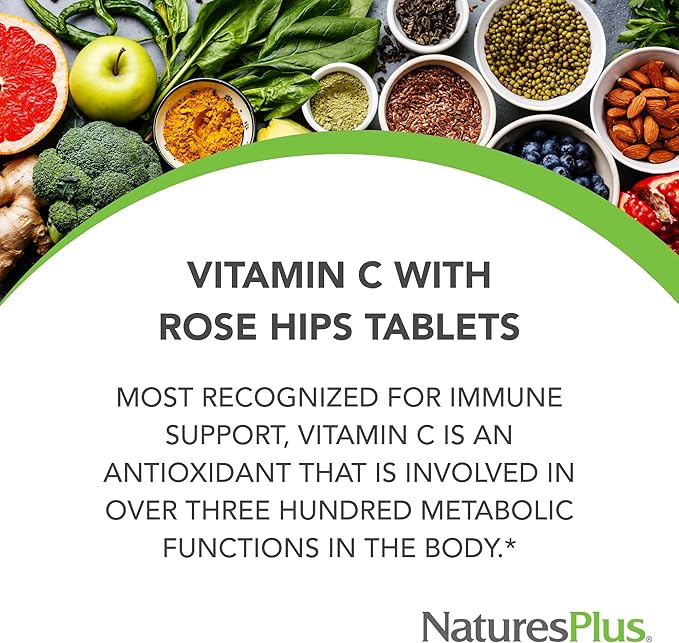 Natures Plus Vitamin C with Rose HIPS - 1000 mg Ascorbic Acid, 180 Vegetarian Tablets - Gluten-Free - 180 Servings