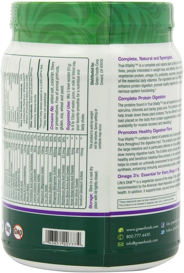Green Foods True Vitality Plant Protein Shake, Vanilla, 25.2 Ounce