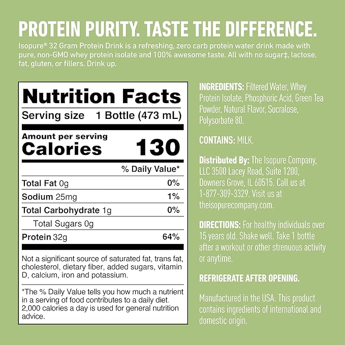 Isopure Zero Carb 32g Protein Ready-to-Drink, Whey Protein Isolate, Green Tea, 16 Fl Oz (12 Bottles)