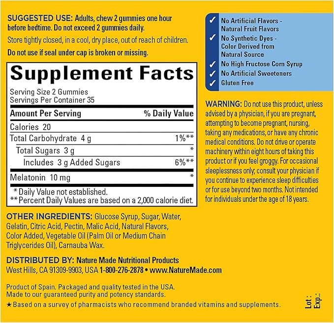 Nature Made Melatonin 10mg per serving Gummies, Maximum Strength Dosage, 100% Drug Free Sleep Aid for Adults, 70 Melatonin Gummies, 35 Day Supply