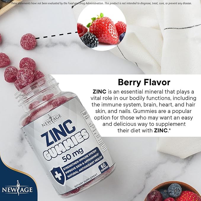NEW AGE Zinc Gummies - 50mg High Immune Booster Zinc Supplement, Immune Defense, Powerful Natural Antioxidant, Non-GMO 180 Count (Pack of 3)