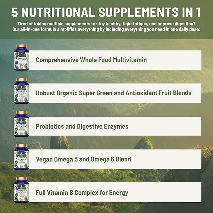 Whole Food Multivitamin for Women Daily Multi Vitamins Supplements for Men Mens Multivitamins + B Complex, Probiotic Multi Enzyme, Omegas for Organic Energy Mood Digestion 90ct-4pk