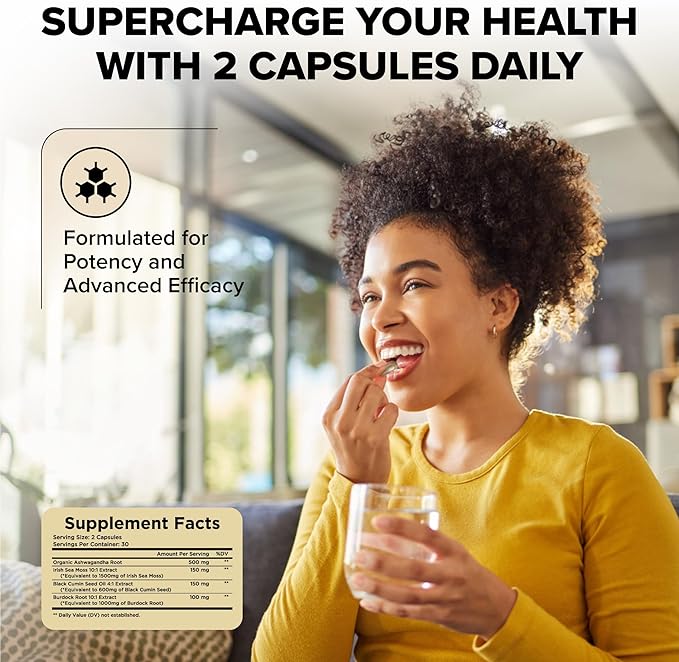 Organic Ashwagandha Root & Irish Sea Moss – 3,600 mg Ashwagandha Supplement with Black Seed Oil, & Burdock Root – Herbal Supplement for Energy, Stress Relief, Extra Strength, 60 Caps
