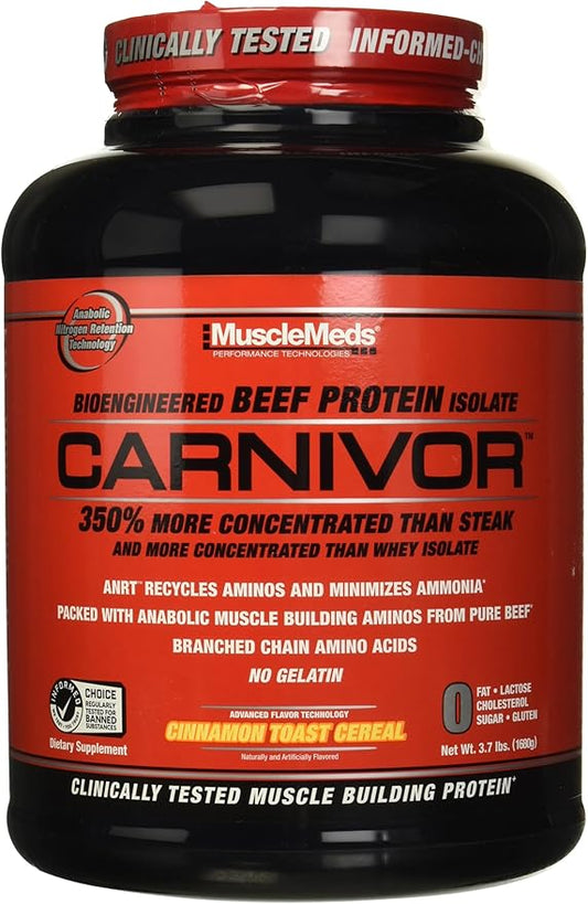 MuscleMeds Carnivor Beef Protein Isolate, 0 Lactose, 0 Sugar, 0 Fat, 0 Cholesterol, Cinnamon Toast Cereal, 4 Lb, 56 Servings