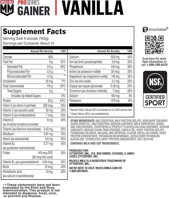 Muscle Milk Gainer Protein Powder, Vanilla Creme, 32g Protein, 5 Pound