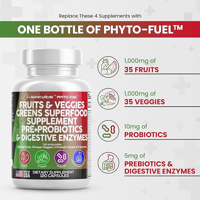 Clean Nutraceuticals Fruits and Veggies Supplement Reds & Green Superfood - Balance of Over 70 Fruit & Vegetable Supplements Capsules with Probiotics Prebiotics Digestive Enzymes - 120 Ct USA