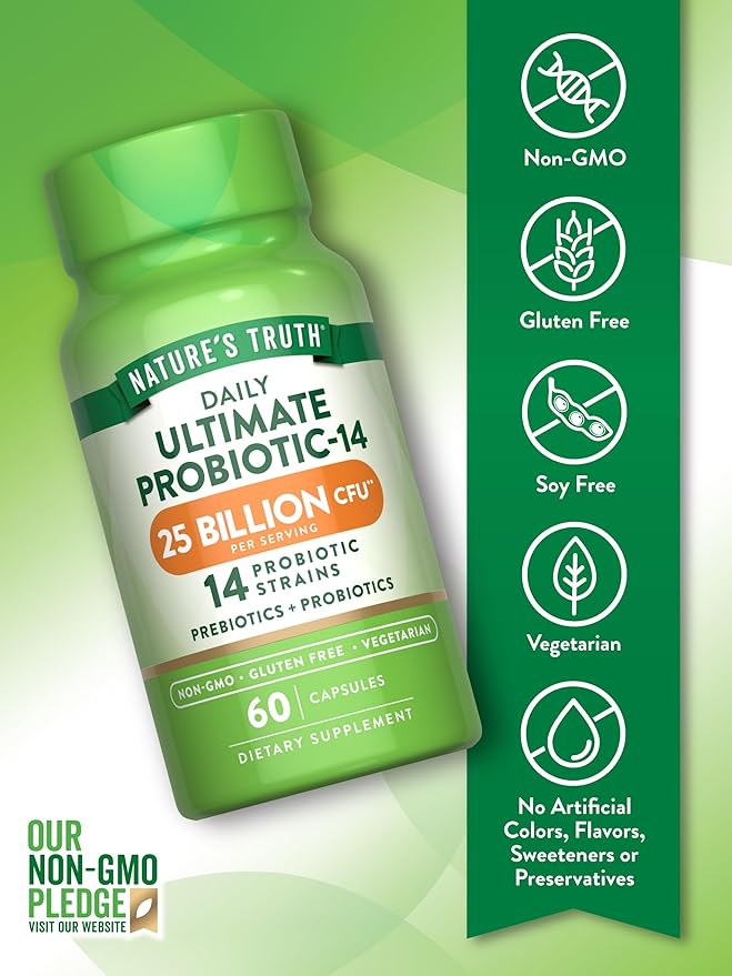 Nature's Truth Probiotics for Men and Women | 25 Billion CFU | 60 Capsules | 14 Strains | Non-GMO & Gluten Free Digestive Health Supplement