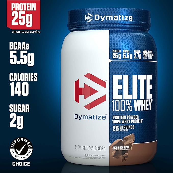 Dymatize Elite 100% Whey Protein Powder, 25g Protein, 5.5g BCAAs & 2.7g L-Leucine, Quick Absorbing & Fast Digesting for Optimal Muscle Recovery, Rich Chocolate, 2 Pound, 25 Servings