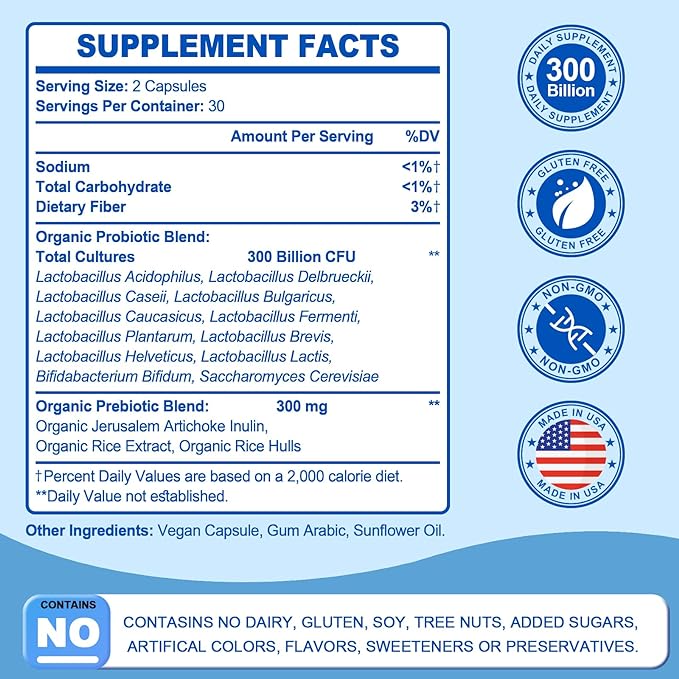 Probiotic 300 Billion CFU - 12 Strains Probiotics with Organic Prebiotics for Digestive & Gut, Immune, Bloating Health - Probiotics for Women and Men - Daily Probiotics Supplement - 60 Counts